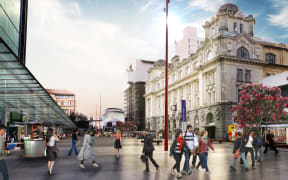 An artist's impression of a pedestrianised Lower Queen Street in front of Britomart.