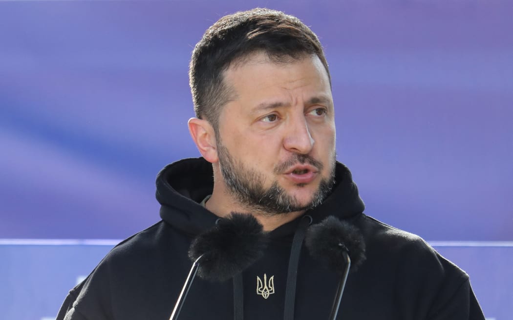 Ukrainian President Volodymyr Zelensky addresses the crowd at Lukiskiu Square in Vilnius on July 11, 2023, during a NATO Summit.