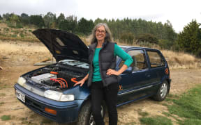 Rosemary Penwarden with her self-converted electric vehicle