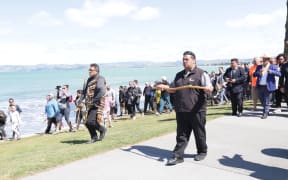 Nick Tupara of Ngāti Oneone pictured on the left. (Tuia 250 commemorations  in Gisborne)