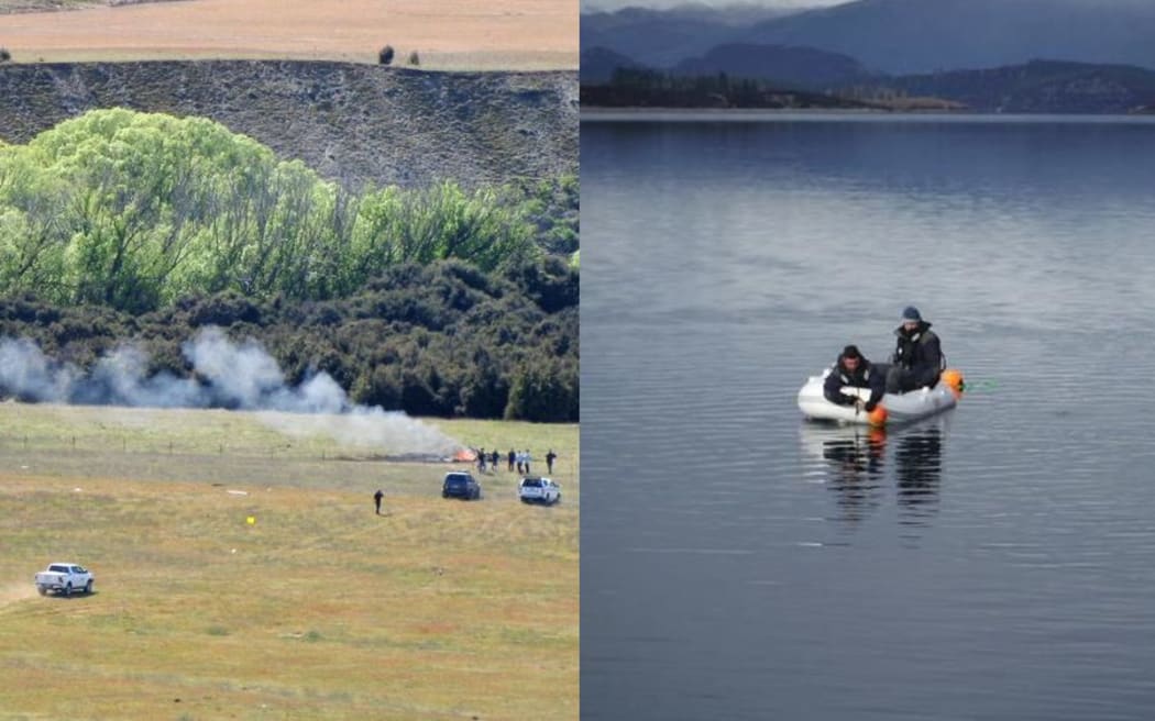 The scene of the crash near Wanaka Airport that claimed three lives in October (left), while police divers search for the wreckage of the helicopter that crashed into Lake Wanaka in July (right).