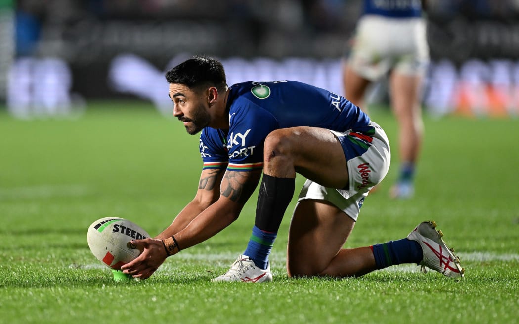 Shaun Johnson lines up a penalty in the Warriors versus Cowboys, NRL Rugby League match at Mt Smart Stadium, Auckland, on 15 April 2023.
