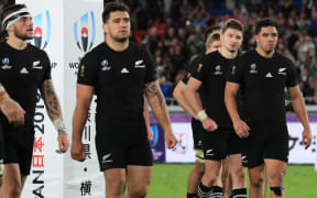 Members of New Zealand are disappointed with losing the 2019 Rugby World Cup Japan semifinal match against England at International Stadium Yokohama in Yokohama City, Kanagawa Prefecture on October 26, 2019. England won the match by 19-7 to advance to final.