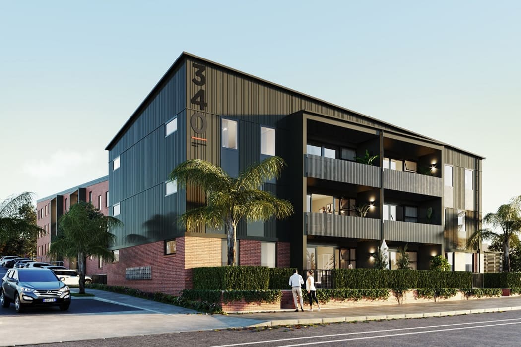 An artist's impression of outside the apartment building complex to be built in Onehunga.