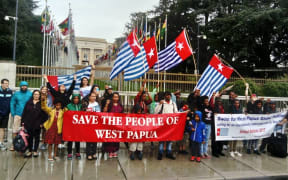 The Free West Papua Campaign protest outside the UN building in Geneva.