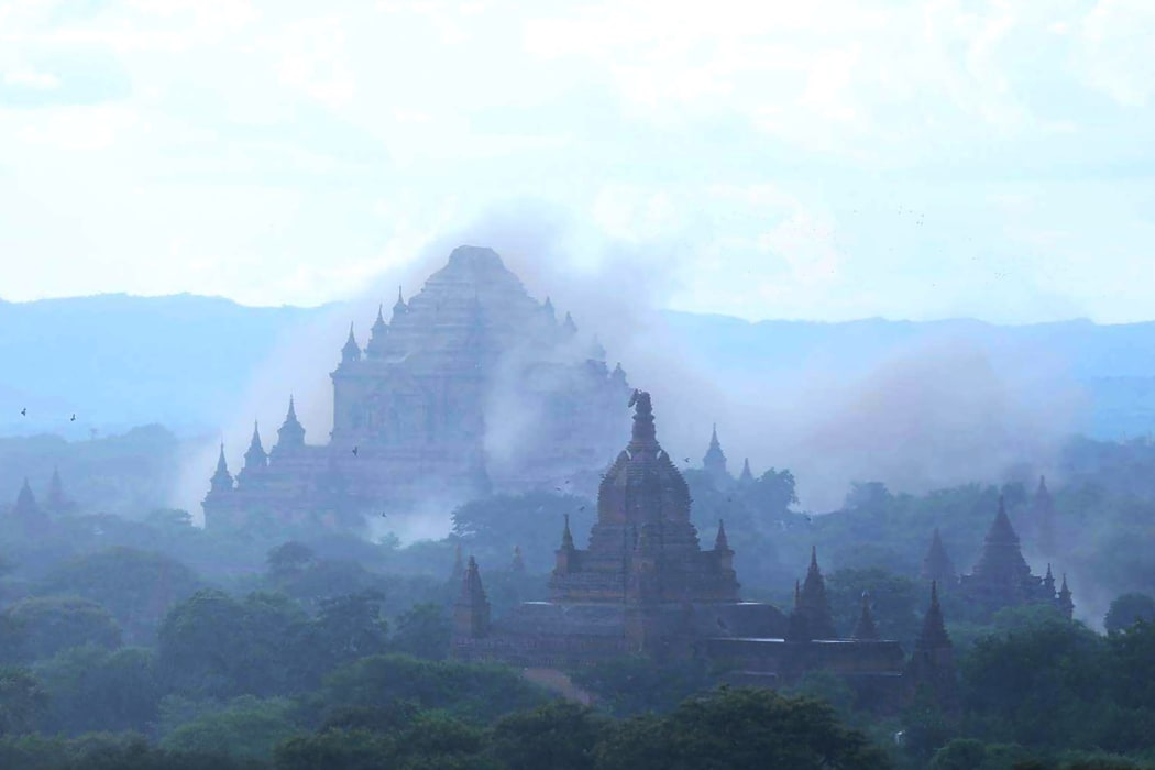 The ancient Sulamuni temple shrouded in dust as a 6.8 magnitude earthquake hit Bagan in central Myanmar.