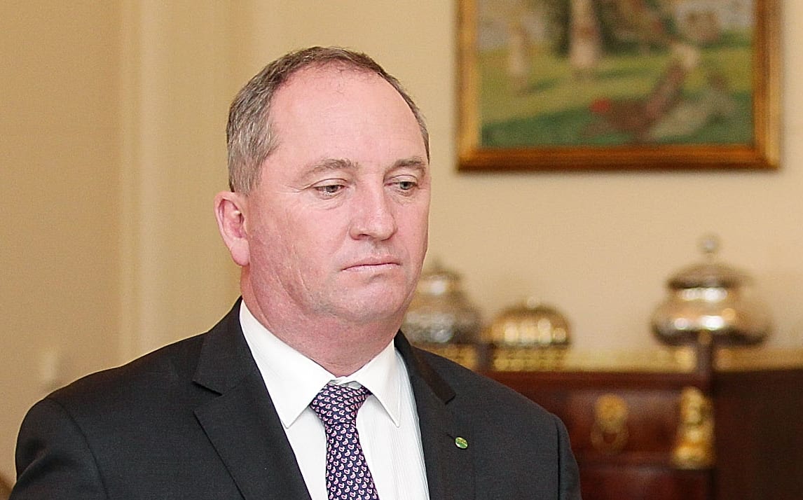 Barnaby Joyce being sworn in by Governor-General Peter Cosgrove during the new cabinet swearing-in ceremony at Government House in Canberra on September 21, 2015.