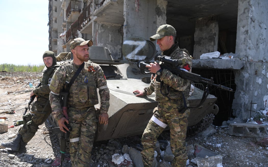 Servicemen of the Russian Marine Corps guard the area of Azovstal plant.