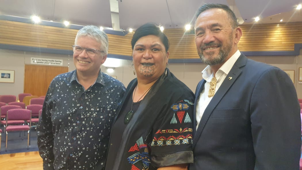 Former New Plymouth mayor Andrew Judd, Local Government Minister Nanaia Mahuta and former New Plymouth councillor Howie Tamati