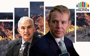 Collage of Chris Hipkins and Stuart Nash in front of burning grass.