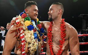 Junior Fa (L) and Joseph Parker after the fight. Heavyweight boxing.