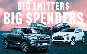 Big Emitters, Big Spenders: Dollar signs, Utes and SUV in front of a cloudy dirty sky.