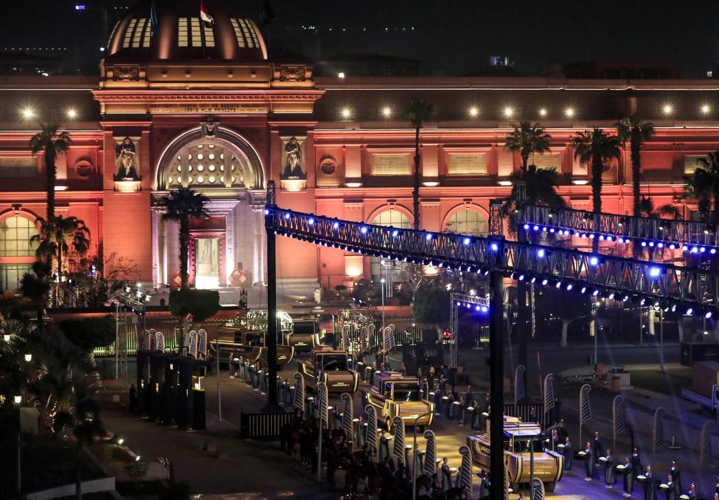 The carriages carrying 22 ancient Egyptian royal mummies depart from the Egyptian Museum in Cairo's Tahrir Square.