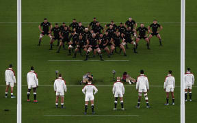 The All Blacks perform the haka before the Rugby World Cup semi-final match between England and New Zealand at the International Stadium Yokohama on October 26, 2019.