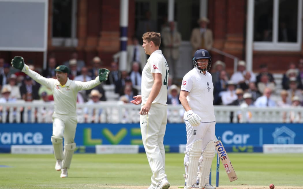 Jonny Bairstow of England stumped by Alex Carey the Australia wicketkeeper during the 2nd Ashes Test at Lord's 2023.
