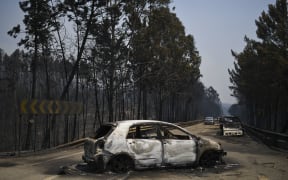 Burnt cars on a road after the wildfire in Figueiro dos Vinhos.
