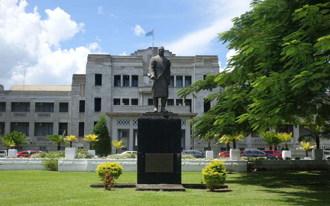 A statue of Ratu Sir Lala Sukuna, a pre-independence statesman, at the front of Fiji's parliament buildings.