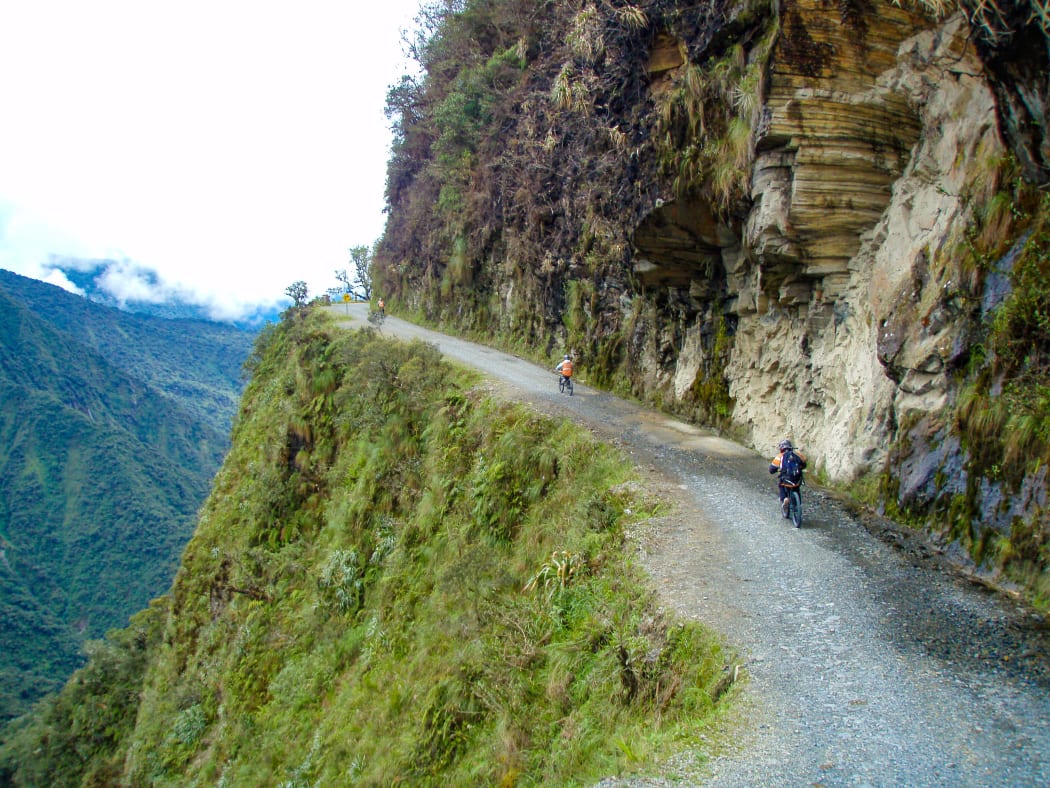 Death Road, a popular path for mountain biking tourists between La Paz and Coroico, Bolivia.