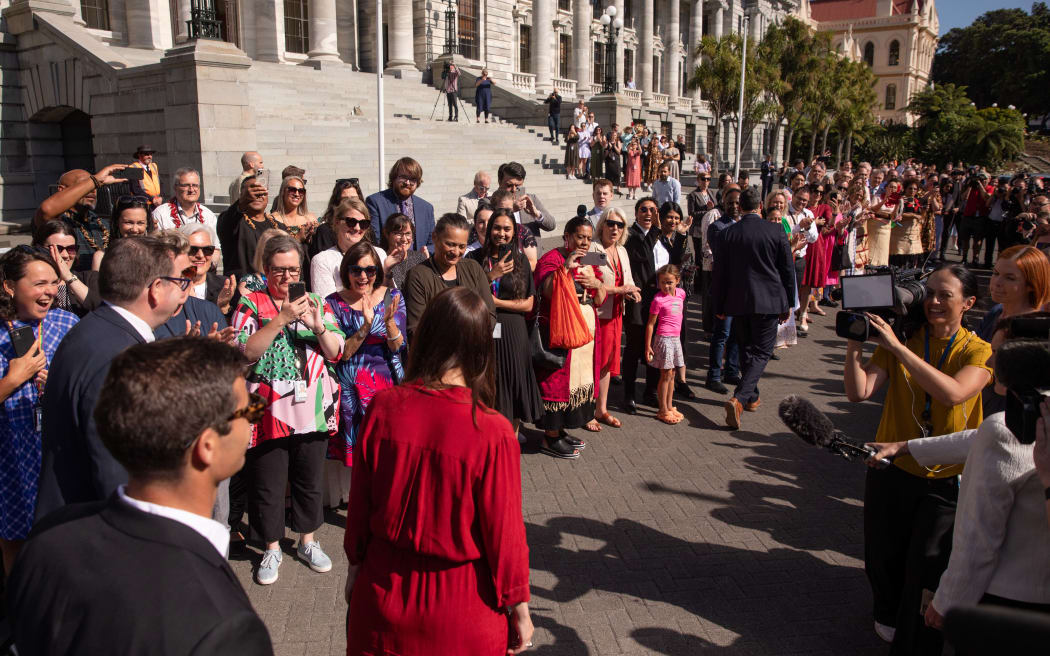 Crowds applaud outgoing PM Jacinda Ardern as she leaves parliament for the final time as Prime Minister