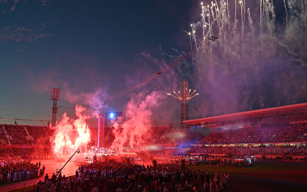 Fireworks erupt over the Alexander Stadium during the closing ceremony for the Commonwealth Games in Birmingham, central England, on 9 August, 2022.