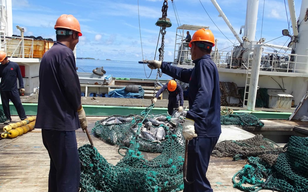The Marshall Islands expects to set a record in revenue from purse seine tuna fishing in 2017, with an anticipated $24 million in revenue. A purse seiner transships its load of tuna to a carrier vessel in Majuro’s lagoon during 2016.