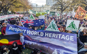 About 5000 Tasmanians at a rally in Hobart opposing the delisting of Tasmania's World Heritage forests in Hobart.