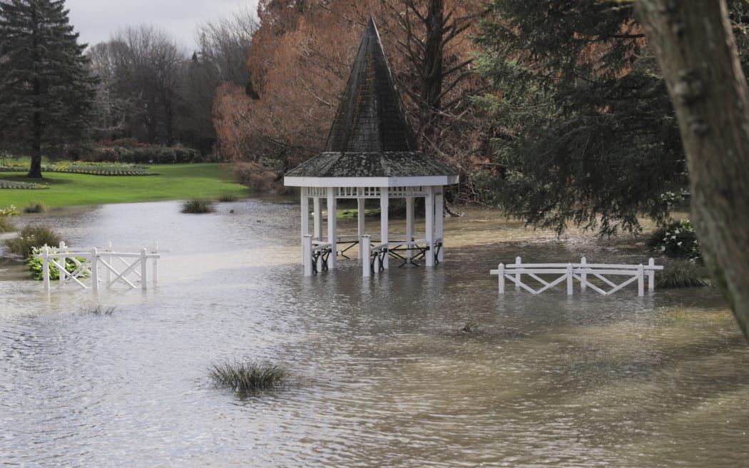 Floodwaters lap at the gazebo in Blenheim's Pollard Park on 20 August, 2022.