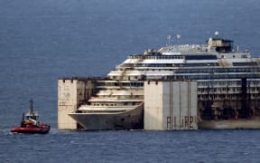 The refloated wreck of the Costa Concordia.
