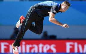 The Black Caps bowler Tim Southee bowling during the Cricket World Cup match between New Zealand and Australia at Eden Park.