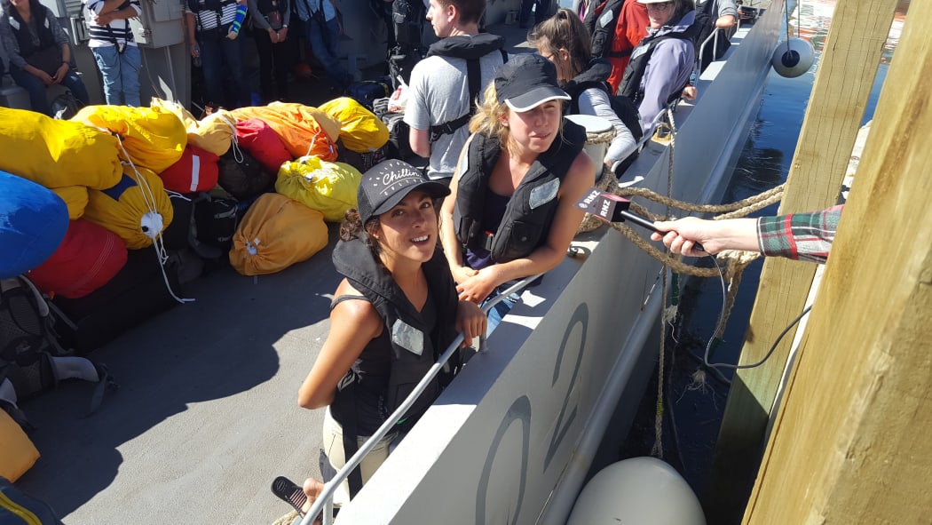 French tourists Lucie and Louisa moments before leaving Kaikoura on the HMNZS Canterbury.
