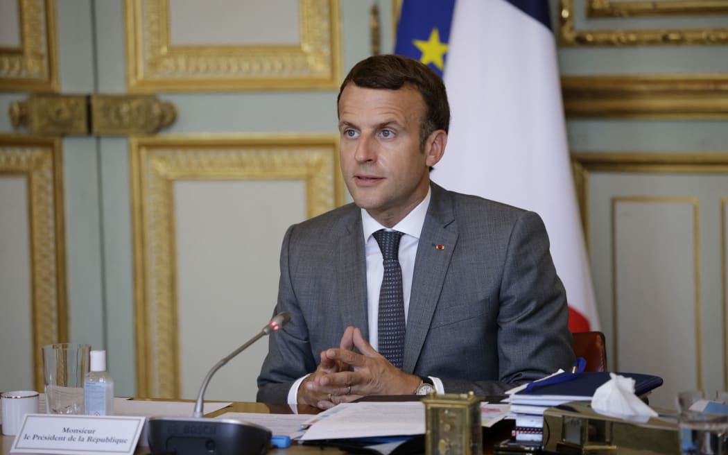 French President Emmanuel Macron gives a statement at the end of the 5th France-Oceania Summit, held via video-conference, at the Elysee Palace in Paris, France on July 19, 2021.