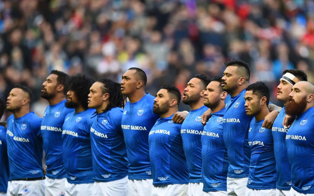 Manu Samoa sing the anthem before their test against Scotland at the weekend.