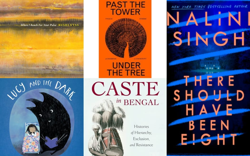 A collage of new books from South Asian writers in Aotearoa
