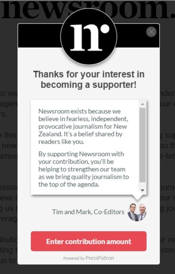 This is the pitch newsroom.co.nz readers see if they click on Press Patron's to "become a supporter" button.