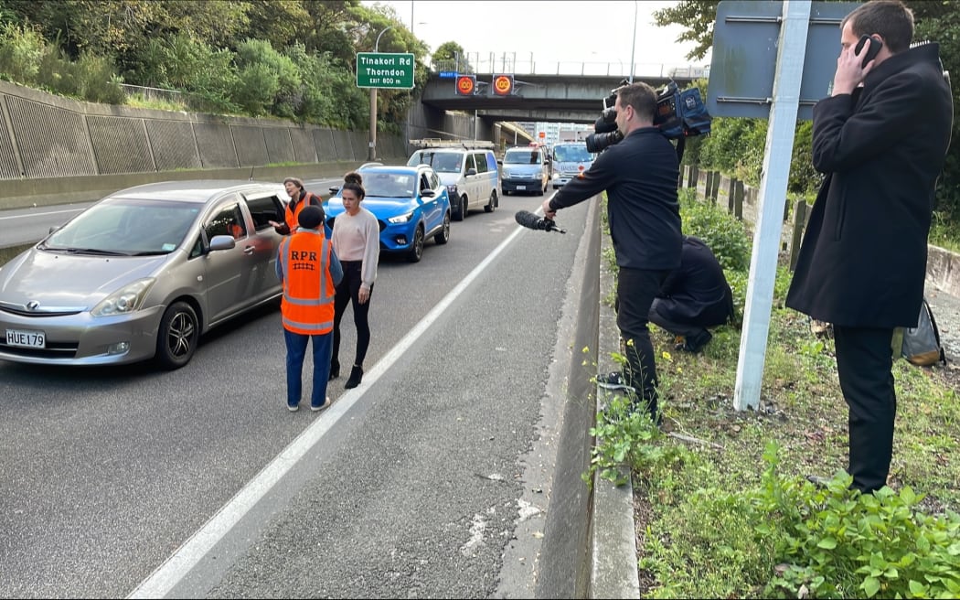 Protesters blocked the southbound of lane State Highway 1 at the Terrace Tunnel in Wellington