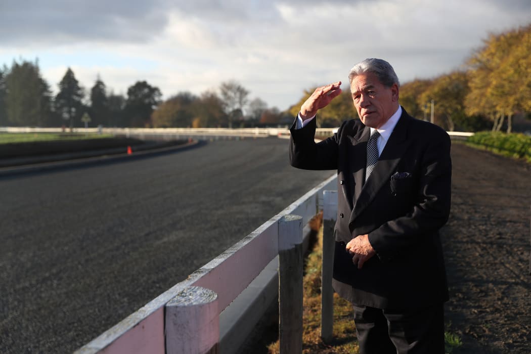 Winston Peters checks in on the construction of the Cambridge all-weather race track.