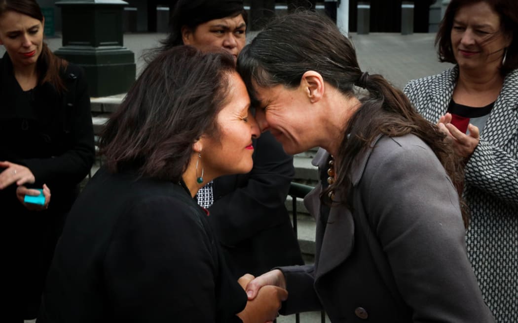 Maori Party MP Marama Fox (Left) and Action Station Director, Marianne Elliott having a hongi after the delivery of a 15,000 signature petition calling for a Budget to end child poverty.