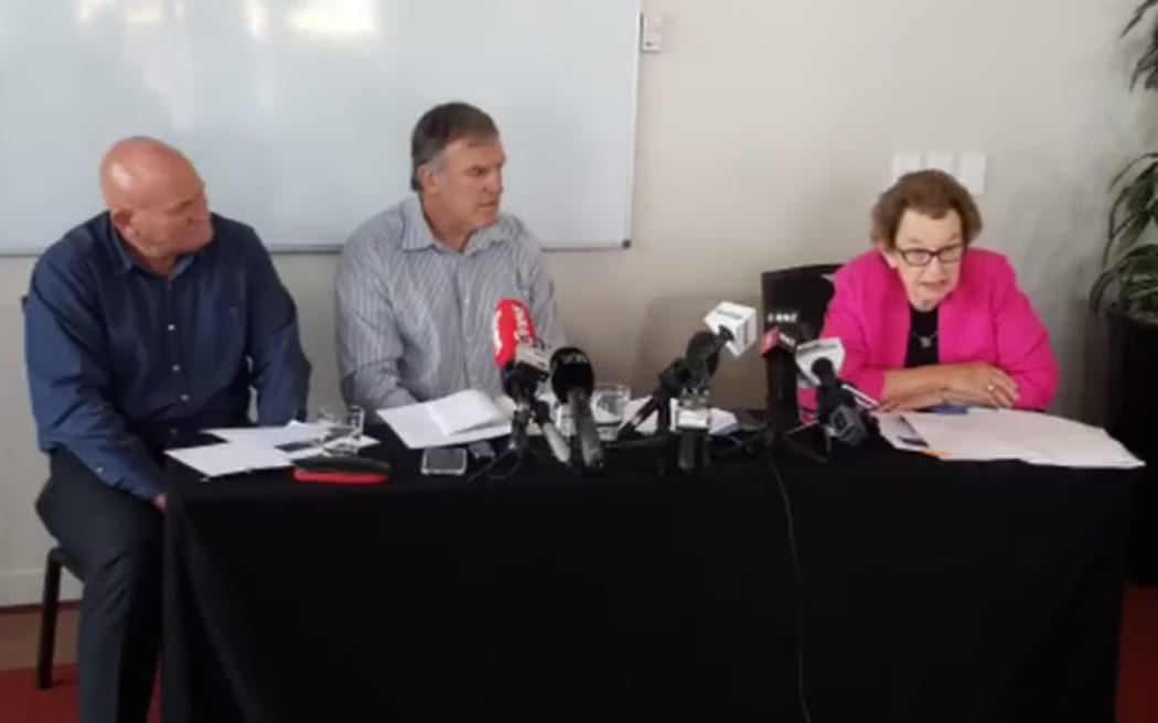 Dame Margaret Bazley, right, announces her findings after reviewing Welington Rugby's handling of the Losi Filipo case. WRFU chief executive Steve Rogers sits on the left and WRFU chairman Iain Potter is centre.
