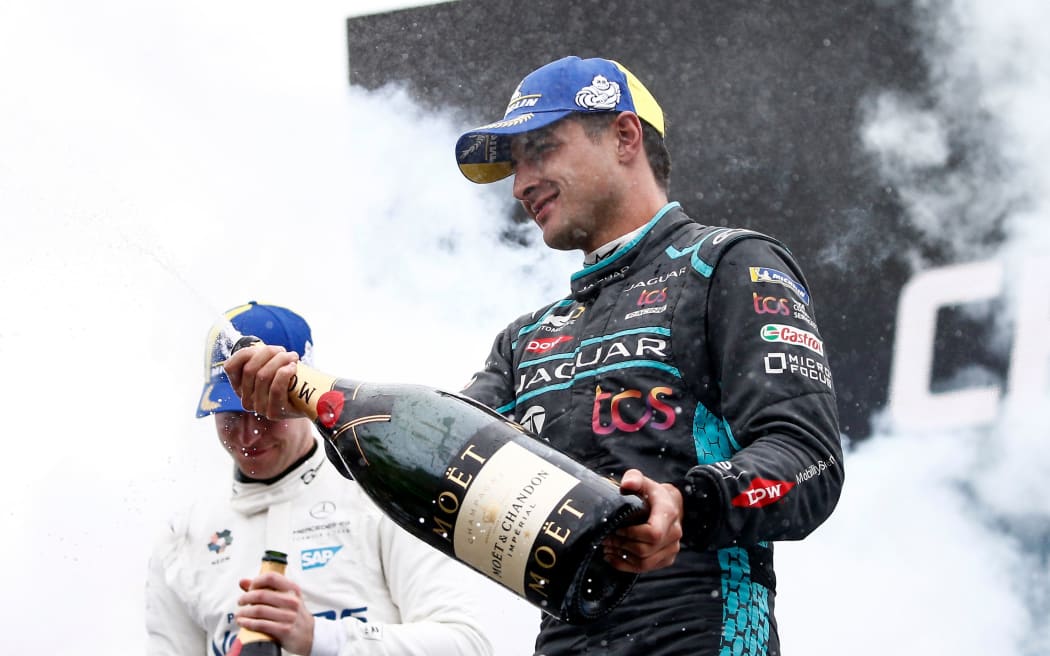 Formula E world championship in Rome 2022
Mitch Evans of New Zealand celebrates victory on the podium.