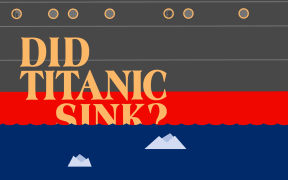 An animated image of the side of a ship sailing through a sea with icebergs.