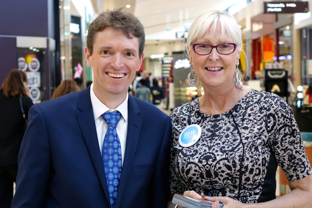 Colin Craig and Christine Rankin campaigning in an Auckland mall.