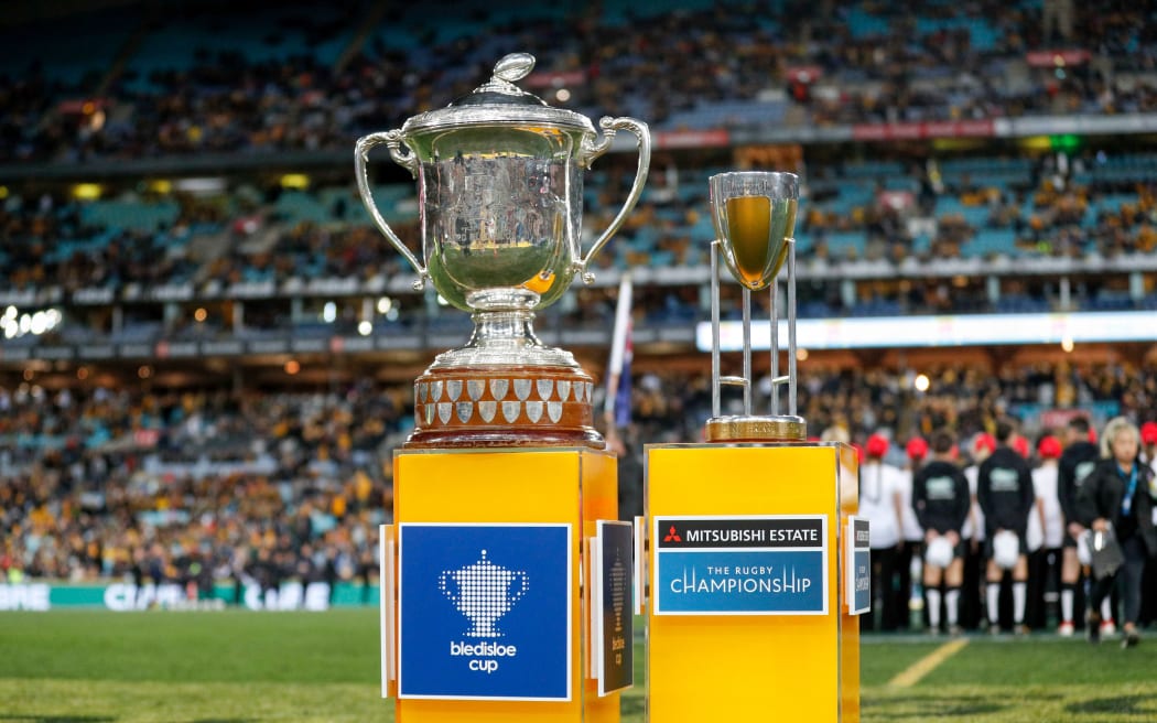 The Bledisloe Cup and Rugby Championship Trophy.  ANZ Stadium Sydney.  2018