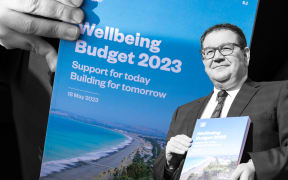 Grant Robertson holding a copy of Wellbeing Budget 2023