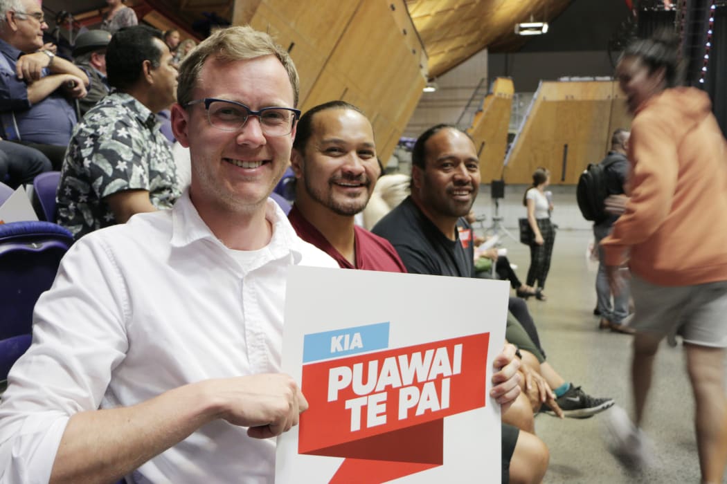 Teachers from One Tree Hill (left to right) Josh Cannell, Terry Kimi and Andrew Maea-Brown attending the PPTA meeting today in Manukau, Auckland. 7 November 2018.