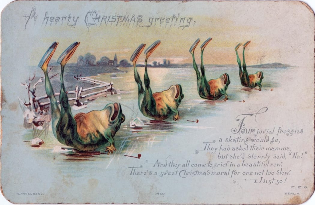 Victorian Christmas card with frogs