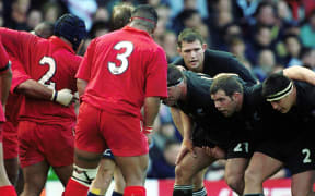 Interim Chair and President of the Tonga Rugby Union, Fe'ao Vunipola, packing down against the All Blacks in the 1999 World Cup.