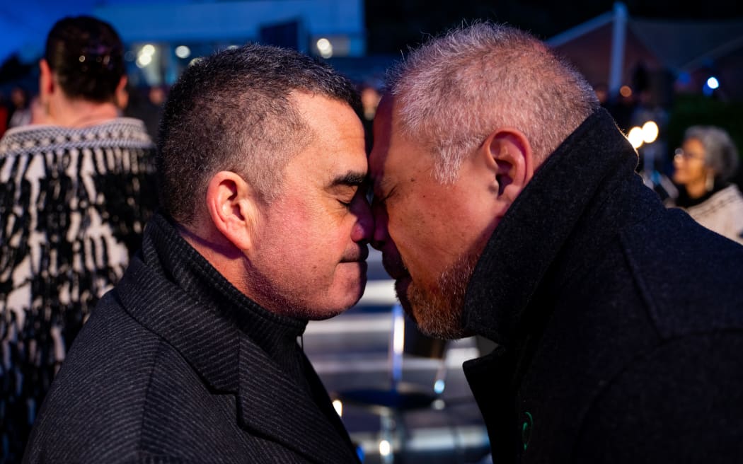 A traditional Māori hongi at the national hautapu ceremony in Rotorua.