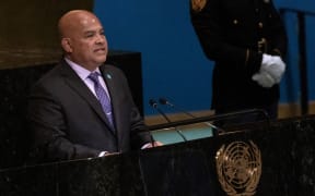 Micronesian President David Panuelo addresses the 77th session of the United Nations General Assembly at the UN headquarters in New York.