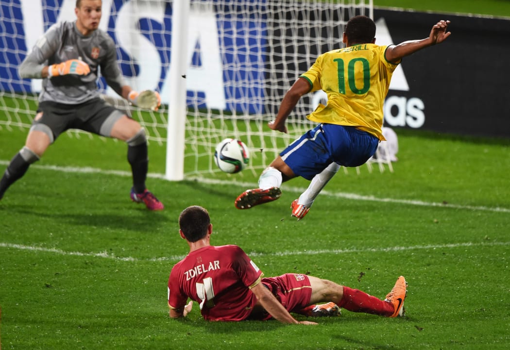 Brazil's Gabriel Jesus has a shot on goal.