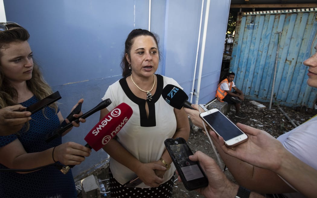 TVNZ journalist Barbara Dreaver speaks to the media after she was released by Nauru Police.